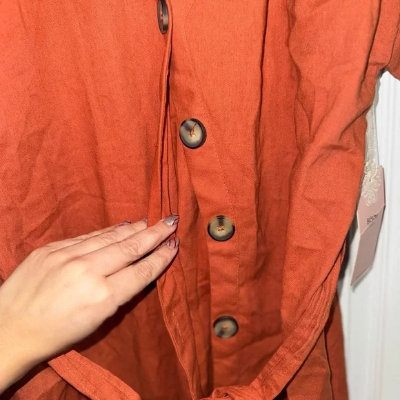 Rust Orange Button-Up Dress with Cap Sleeves - Picture 3 of 8